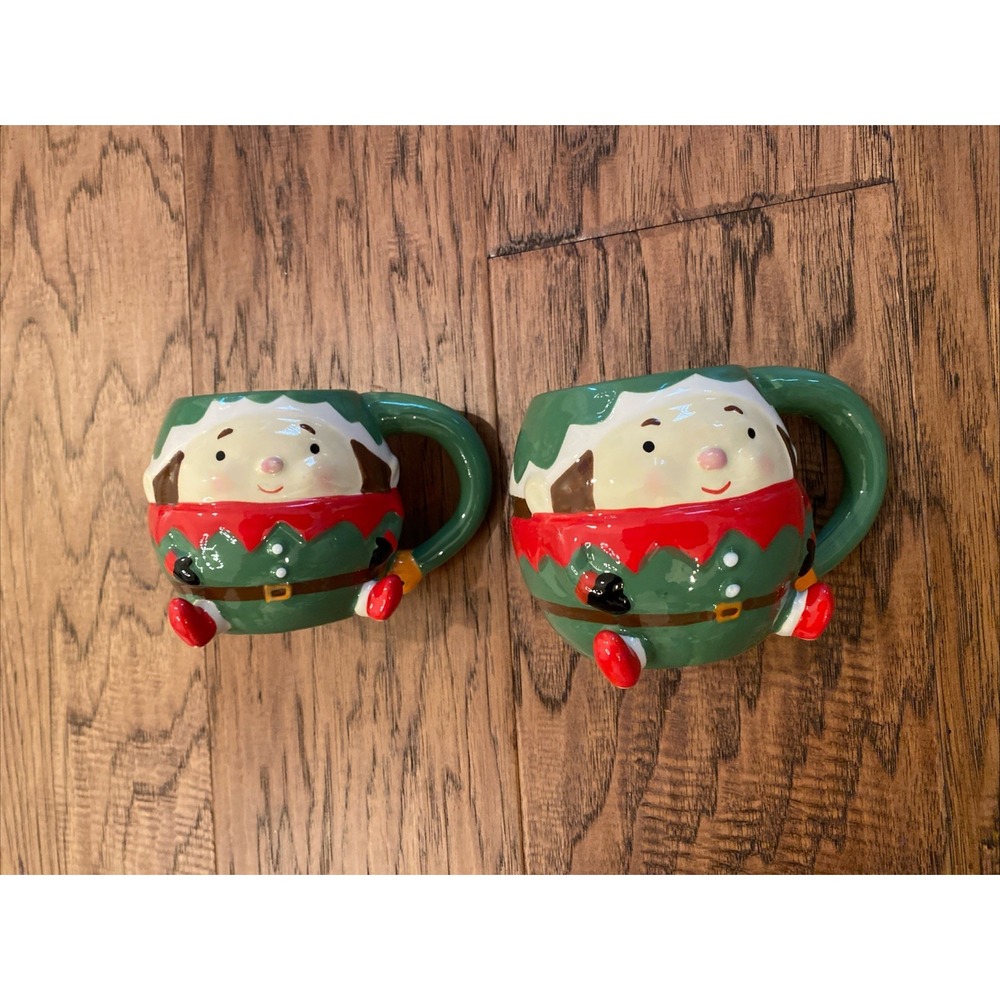 Set of 2 Figural Elf Pixie Mugs Christmas Green Red‎ Boston Warehouse Bell